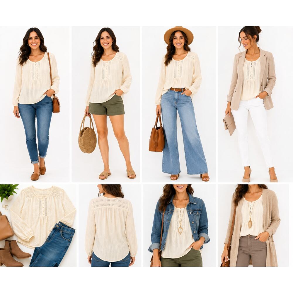 Lucky Brand Women’s L Beige Linen Blend Henley Blouse Crochet Embroidered Boho - Picture 3 of 6